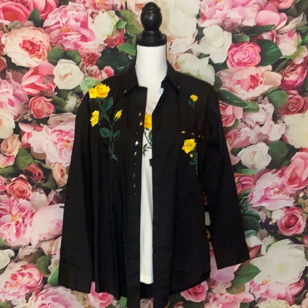 Black button down shirt with yellow roses with white undershirt and yellow rose